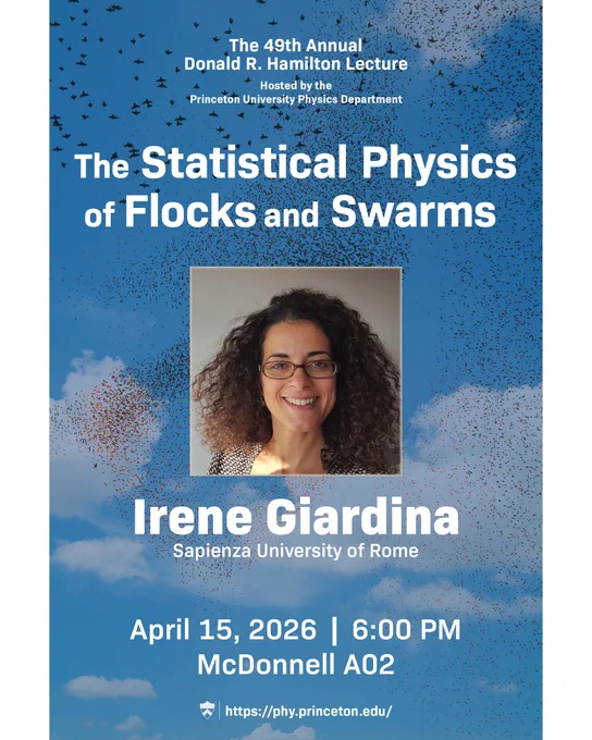 Poster for the 49th Annual Donald R. Hamilton Lecture. The lecture is hosted by the Princeton University Physics Department. It features a talk by Irene Giardina. The event is scheduled for April 15, 2026, at 6:00 PM in McDonnell A02.