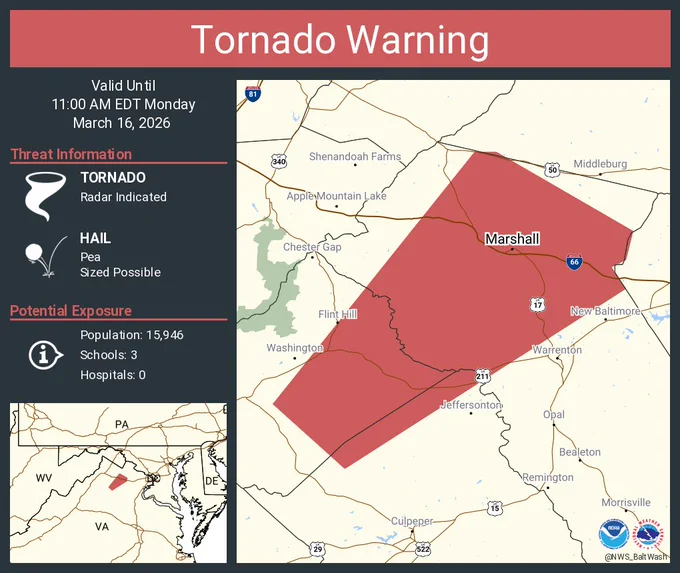 This graphic displays a tornado warning plotted on a map. The warning is in effect until 11:00 AM EDT. The warning includes Marshall VA and The Plains VA.  This warning is for Eastern Rappahannock County in northwestern Virginia, Northwestern Fauquier County in northern Virginia and Northwestern Culpeper County in northern Virginia. The threats associated with this warning are a radar indicated tornado and pea sized hail. There are 15,946 people in the warning along with 3 schools and 0 hospitals.