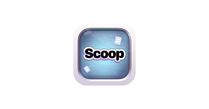 A rounded icon with a blue background features the word "Scoop" in bold, playful lettering, accompanied by two small graphic elements.