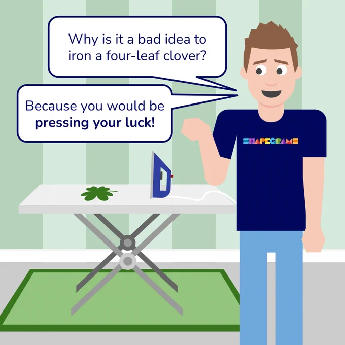 A colorful illustration of a man standing next to an ironing board, delivering a pun. On the ironing board sits a green four-leaf clover and a blue iron. Two speech bubbles appear above the man; the first asks, "Why is it a bad idea to iron a four-leaf clover?" and the second answers, "Because you would be pressing your luck!" The man is wearing a dark blue t-shirt with a "Shapegrams" logo and light blue pants, set against a striped green wallpaper background.