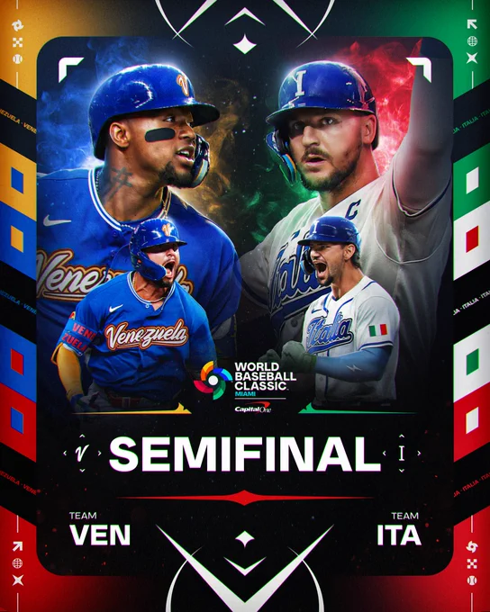 World Baseball Classic Semifinal: Team Venezuela vs. Team Italy
Pictured: Ronald Acuña Jr., Wilyer Abreu, Jac Caglianone and Vinnie Pasquantino in various action poses. Acuña Jr. and Abreu wear blue Team Venezuela jerseys and blue Team Venezuela helmets. Caglianone and Pasquantino wear white Team Italy jerseys and blue Team Italy batting helmets. Colors of the Venezuelan and Italian flags are featured on either side.