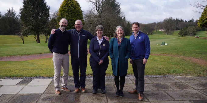 Sport Minister Maree Todd stands with members of Scottish Golf and Golf in Society Hollandbush Golf Course at the launch of Golf in Society's plans for ten health hubs across Scotland's golf courses.