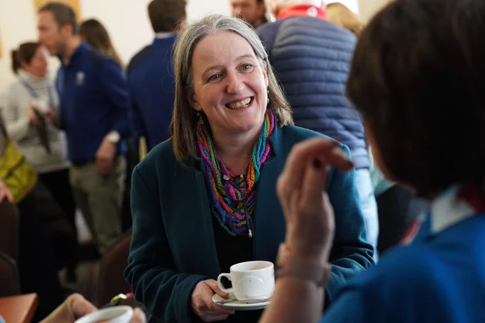 Sport Minister Maree Todd talks with a member of the public at Hollandbush Golf Course at the launch of Golf in Society's plans for ten health hubs across Scotland's golf courses.