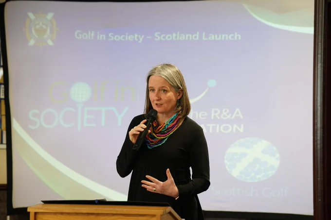 Sport Minister Maree Todd delivers a speech at Hollandbush Golf Course during the launch of Golf in Society's plans for ten health hubs across Scotland's golf courses.