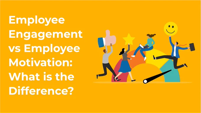 Orange graphic titled Employee Engagement vs Employee Motivation: what’s the difference, with worker icons