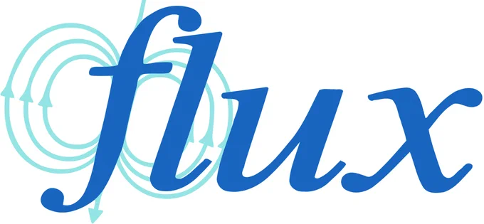 Flux logo of blue script letters and radiating circles emerging from the F