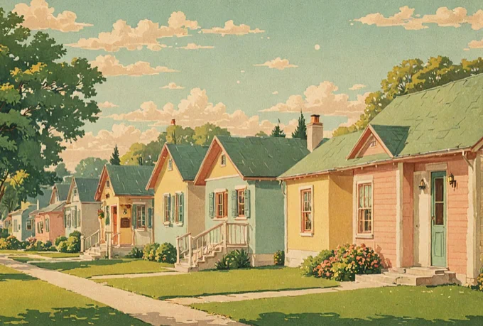 A graphic that shows a neighborhood with older, smaller houses that could be an example of a neighborhood eligible for participation in the Neighborhood Reinvestment Initiative Program.