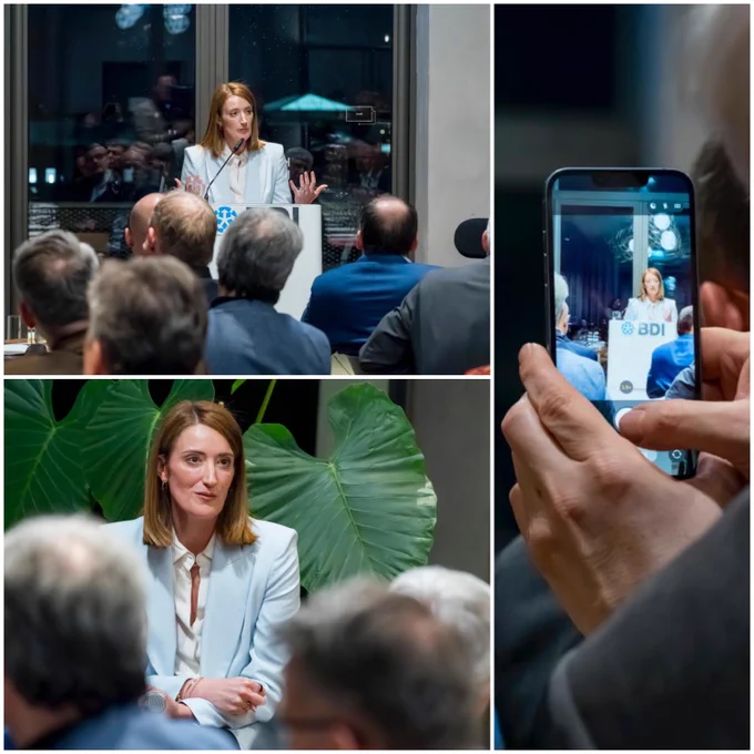 The President of the European Parliament Roberta Metsola addressing leaders from German industry in Berlin, Germany.