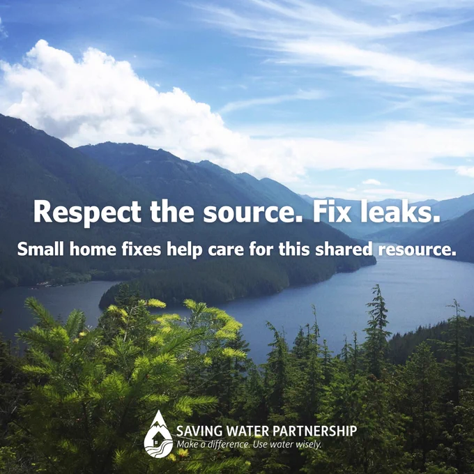 Scenic view of the Cedar River Watershed surrounded by forested mountains under a partly cloudy sky. Text reads: "Respect the source. Fix leaks. Small home fixes help care for this shared resource." The logo of Saving Water Partnership is at the bottom.