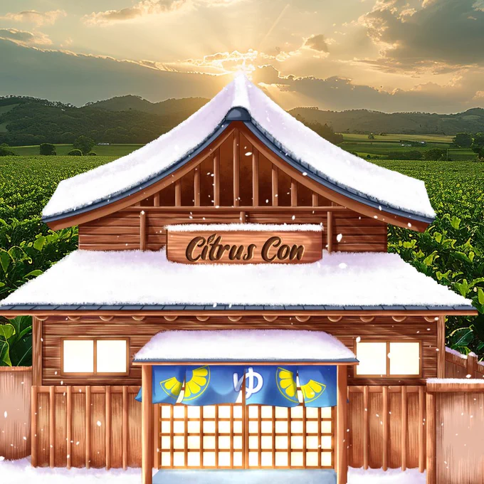 Image is of a snowy wooden onsen building that reads 'Citrus Con' in front of a cornfield.