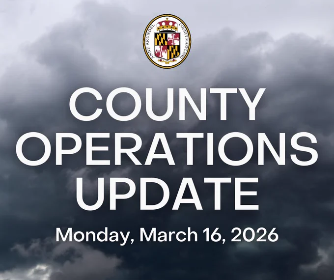 A graphic from Anne Arundel County Government providing an operations update for Monday, March 16, 2026. 