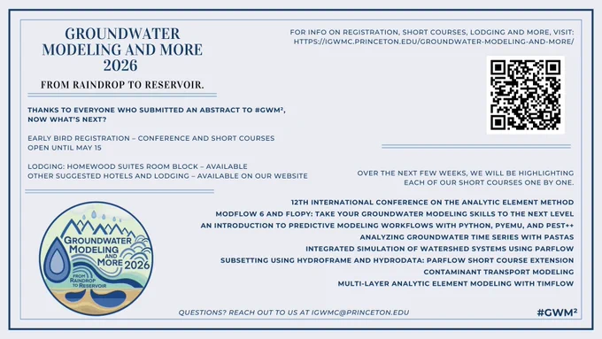 Promotional graphic on a light blue background for the conference “GroundWater Modeling and More 2026: From Raindrop to Reservoir.” The title appears in the top left. Below it, text reads: “Thanks to everyone who submitted an abstract to #GWM2. Now what’s next? Early Bird Registration – Conference and Short Courses open until May 15. Lodging: Homewood Suites room block available. Other suggested hotels and lodging available on our website.” On the top right, text directs viewers to visit https://igwmc.princeton.edu/groundwater-modeling-and-more/ for registration, short course, lodging, and conference information, alongside a QR code. At the bottom left is the conference logo with text explaining that short courses will be highlighted over the next few weeks before early bird registration closes, followed by a list of the available short courses. Centered at the bottom is the contact email igwmc@princeton.edu. The bottom right includes the hashtag #GWM2.