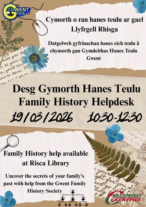 Family history helpdesk in Risca Library on Friday 19th March between 10.30 and 12.30.

Desg gymorth hanes teulu yn Llyfrgell Rhisga ddydd Gwener 19 Mawrth rhwng 10.30 a 12.30.