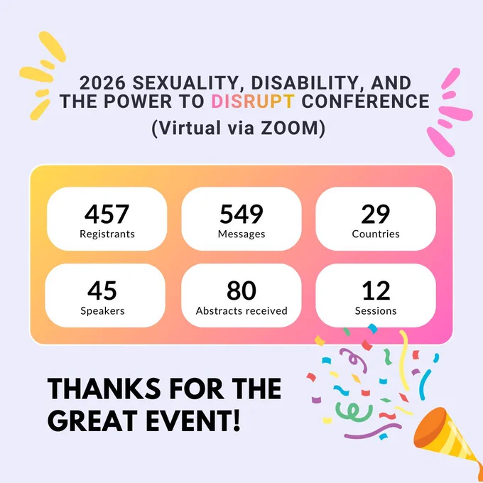 Poster with a light purple background highlighting engagement metrics at the 2026 Sexuality, Disability, and the Power to Disrupt Conference, held virtually via Zoom. This event had 457 registrants, 549 messages, 29 countries represented, 45 speakers, 80 abstracts received, and 12 sessions. The poster includes a "Thanks for the Great Event!" message and confetti at the bottom.