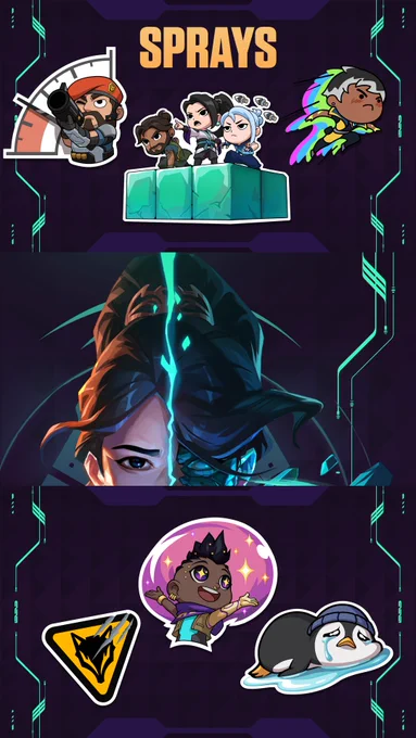 
Sprays: Top-right section titled "SPRAYS." Featured sprays include Brimstone aiming a launcher, Harbor, Sage, and Jett standing together on a Sage wall, and a stylized Waylay dashing with colorful trails. Below is a cropped image of Sage's face are Astra inside a sparkling purple bubble, a crying penguin, and a yellow triangular warning sign with a wolf silhouette similar to Skye’s dog.
