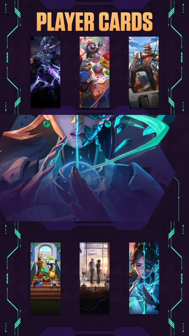 Player Cards: Bottom-right section titled "PLAYER CARDS." The top row shows cards of Jett and KAY0 in a dark battle, a group of tactifriends painting eggs, and Brimstone fishing on a boat with Tejo. Below a large central graphic of Sage holding a teal energy orb are cards featuring various companions like Killjoy turret, Wingman, Skye dog, and more on stairs, Chamber and Viper standing by a window, and the crystalized Sage portrait.