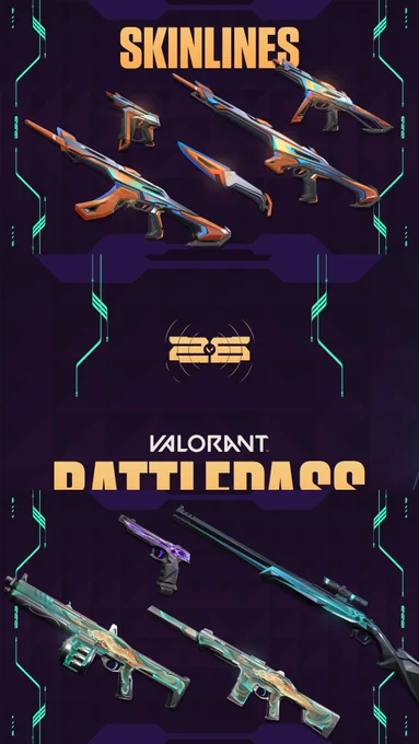 Skinlines: Top-left section titled "SKINLINES." The upper half features the Paceline collection: a Vandal, Guardian, Frenzy, Stinger, and melee knife in orange, tan, and iridescent teal. The lower half displays a mix of the Dragon Gate Phantom and Judge (teal with gold dragon art), the Soulburst Outlaw (crystalline teal), and the Soulburst Bandit (crystalline purple).