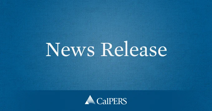 Blue background with white text in the center reading "News Release." Below, the CalPERS logo is displayed.