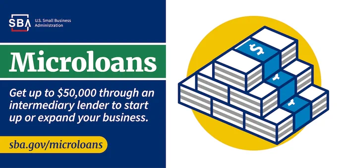 The image displays a graphic for SBA Microloans, featuring a stack of money on a yellow circle. Text reads: "Microloans. Get up to $50,000 through an intermediary lender to start up or expand your business." A web address, sba.gov/microloans, is provided. The SBA (U.S. Small Business Administration) logo is visible at the top.