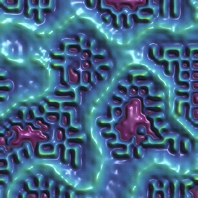 Algorithmic art with shiny, organic patterns in shades of green, blue, and purple
