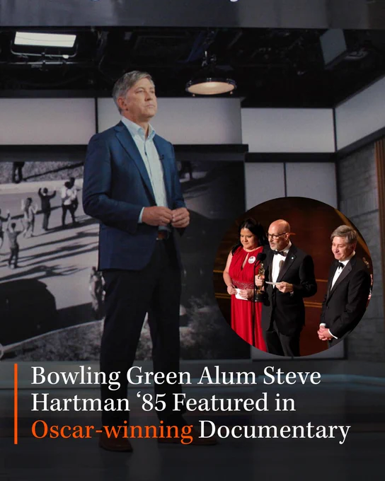 Photo of Bowling Green Alum Steve Hartman with text about him being featured in an Oscar-winning Documentary