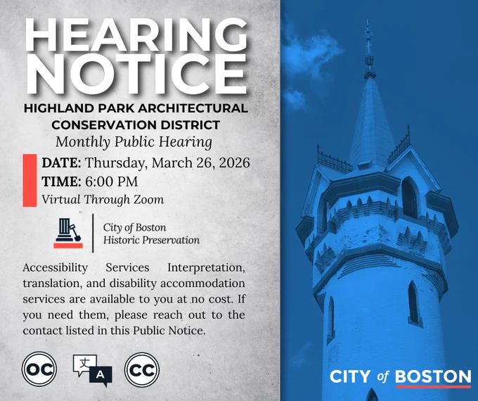 Graphic announcing the next hearing for the Highland Park Architectural Conservation District Commission