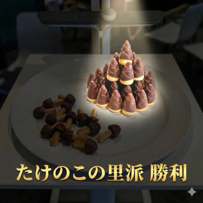 白いお皿の上に、たけのこの里ときのこの山が置かれている画像。

たけのこの里はタワー状に綺麗に積み上げられており、その手前できのこの山が複数転がっている。たけのこの里のタワーにだけ、スポットライトが当たっている。画像の一番下に金色の文字で「たけのこの里派 勝利」と大きく書かれている。
