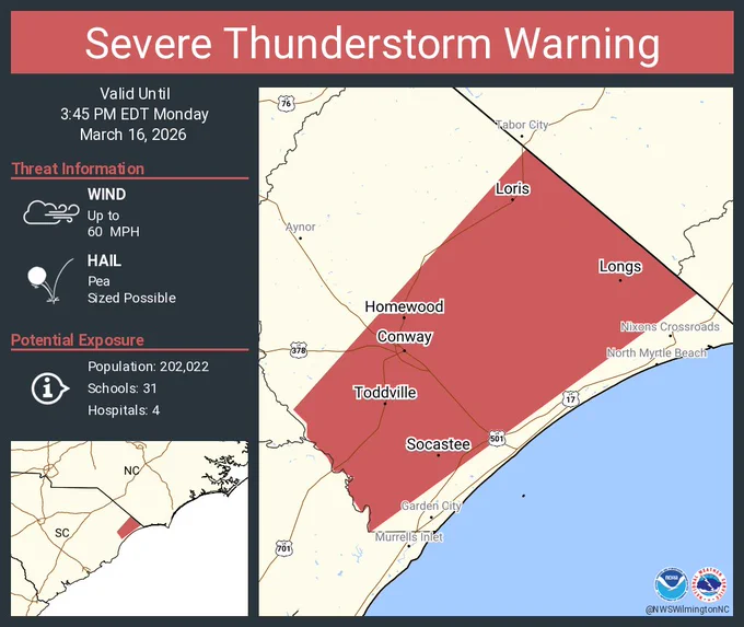 This graphic displays a severe thunderstorm warning plotted on a map. The warning is in effect until 3:45 PM EDT. The warning includes Socastee SC, Conway SC and Red Hill SC.  This warning is for Horry County in northeastern South Carolina. The threats associated with this warning are wind gusts up to 60 MPH and pea sized hail. There are 202,022 people in the warning along with 31 schools and 4 hospitals.