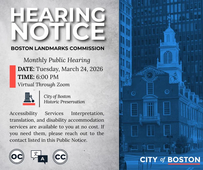  Graphic announcing the next hearing for the Boston Landmarks Commission.