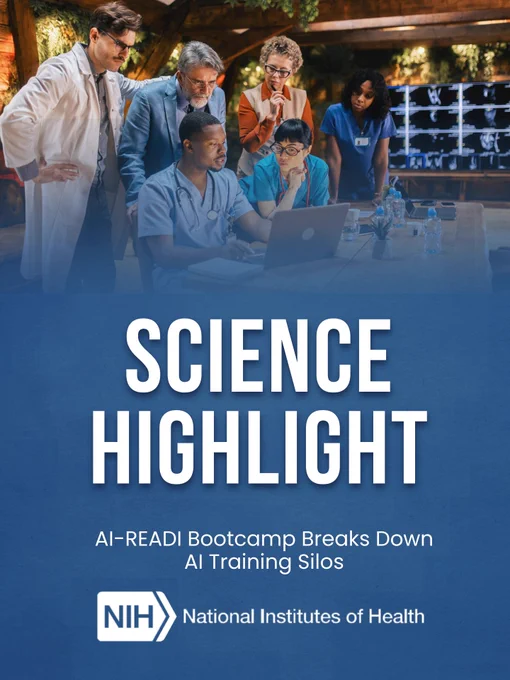 Graphic showing a group of medical professionals gathered around a table, looking at a laptop, with medical scans displayed on screens in the background. Text reads: Science Highlight. AI-READI Bootcamp Breaks Down AI Training Silos. 