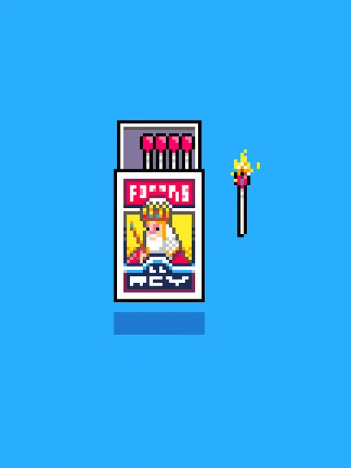 Ilustración en pixel art de una caja abierta de fósforos con varios palillos rojos dentro. En la etiqueta aparece un personaje tipo rey con corona. A la derecha flota un fósforo encendido con una pequeña llama amarilla sobre un fondo azul simple. 🔥