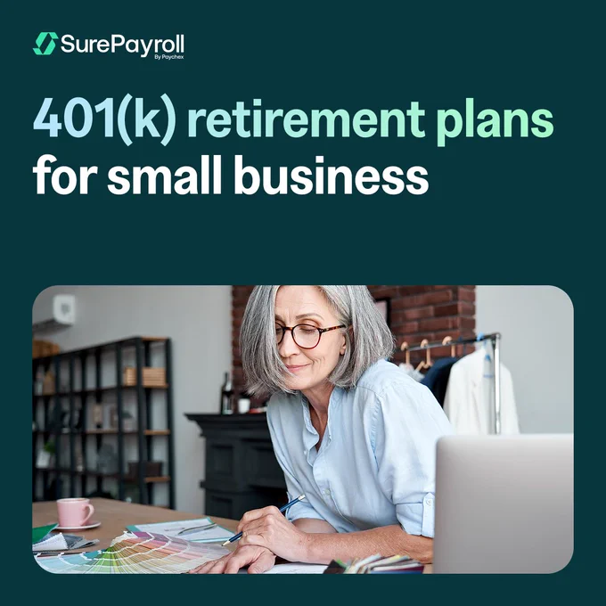 An individual working at a desk with a laptop and documents. The image features the text "SurePayroll by Paychex" and "401(k) retirement plans for small business."