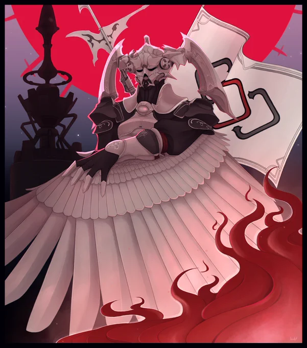 Nael van Darnus in full armor with Bradamante on her back. One arm is outstretched and a silver wing extends from it. Flames burn in the lower right corner, and the Garlean flag is behind her. The tower at Castrum Novum is in the background in the upper left, and Dalagab is at the top.