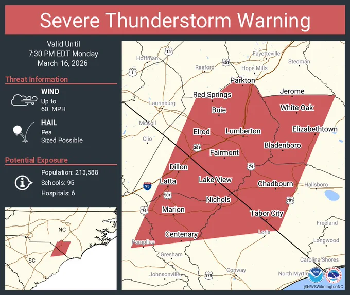 This graphic displays a severe thunderstorm warning plotted on a map. The warning is in effect until 7:30 PM EDT. The warning includes Lumberton NC, Marion SC and Dillon SC.  This warning is for Robeson County in southeastern North Carolina, Western Bladen County in southeastern North Carolina, Northwestern Columbus County in southeastern North Carolina, Central Florence County in northeastern South Carolina, Dillon County in northeastern South Carolina, Northwestern Horry County in northeastern South Carolina and Marion County in northeastern South Carolina. The threats associated with this warning are wind gusts up to 60 MPH and pea sized hail. There are 213,588 people in the warning along with 95 schools and 6 hospitals.