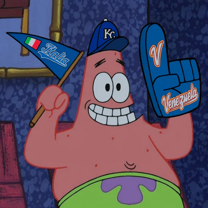 A meme of Patrick Star altered to wear a Kansas City Royals hat with a Team Venezuela foam finger on one hand and a Team Italy pennant in the other.
