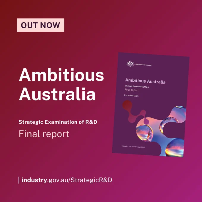 Graphic includes an image of the cover of the final report. Text says \u2018OUT NOW. Ambitious Australia. Strategic Examination of R&D. Final report. Industry.gov.au/StrategicR&D.\u2019 