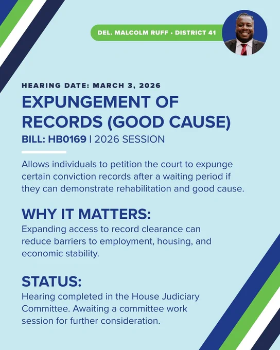 Two of my bills were heard in the House Judiciary Committee this month — an important step forward in the legislative process.

HB0169: Expands access to expungement for individuals who demonstrate rehabilitation and good cause, helping remove barriers to jobs and housing.

HB1262: Strengthens standards addressing racial profiling and law enforcement conduct to promote accountability.

Both bills now move to a committee work session and potential vote.