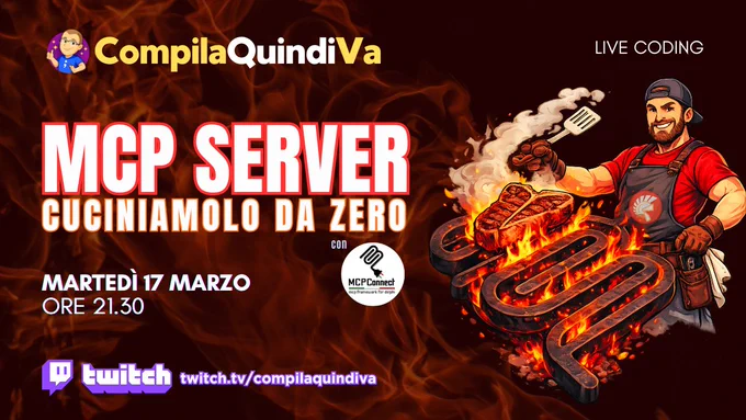 Copertina (cover) della live su Twitch con titolo *MCP Server: cuciniamolo con MCPConnect in Delphi [Live Coding]*, programmata per martedì 17 marzo 2026 alle ore 21:30 sul canale Twitch "CompilaQuindiVa" di Marco Breveglieri (https://twitch.tv/compilaquindiva).
