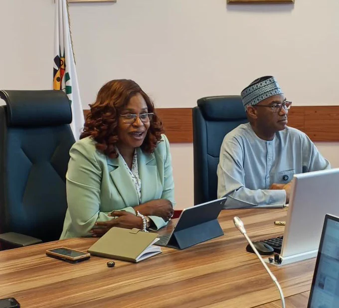 The Permanent Secretary, MPR. Mrs. Patience N. Oyekunle (left) seated with the Executive Secretary of PTDF, Mallam Ahmed Galadima Aminu (right) making her remarks at the familiarization and courtesy visit to PTDF Towers in Abuja.