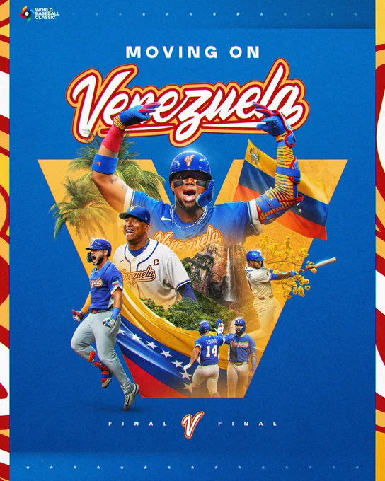 World Baseball Classic
Moving on - Team Venezuela
Cutouts of Ronald Acuña Jr., Salvador Perez, Wilyer Abreu, Maikel Garcia, Ezequiel Tovar and Gleyber Torres in various action poses.