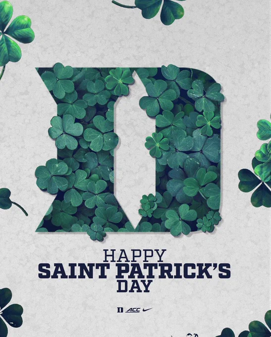 Graphic celebrating Saint Patrick's Day featuring green clovers arranged inside a Duke D.