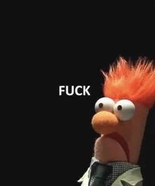Beaker with his usual shocked expression and the word “FUCK” written in white in all caps.