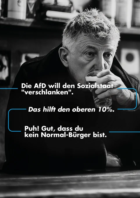 Die AfD will den Sozialstaat "verschlanken".
Das hilft den oberen 10%.
Puh! Gut, dass Du kein Normalbürger bist.