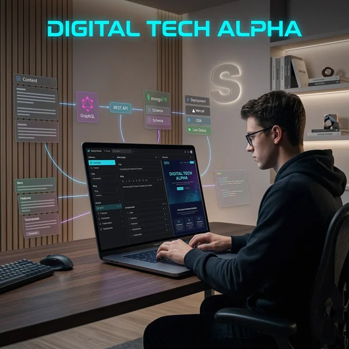 Modern workspace with CMS dashboard and coding setup