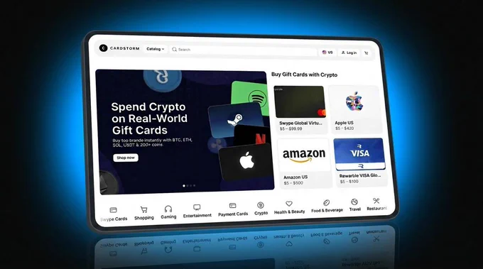 Cardstorm website: updated interface on a tablet. Blue glow on a black background. 1000  gift cards available to buy with crypto on Cardstorm