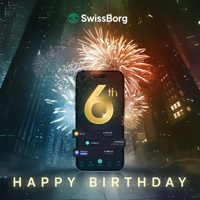 A smartphone displays the SwissBorg mobile app, surrounded by colorful fireworks. Celebrating 6 years of SwissBorg innovation.