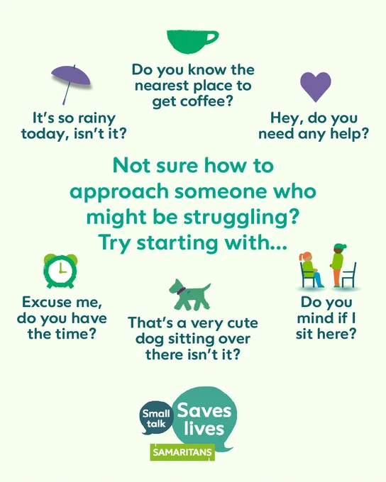 Not sure how to approach someone who might be struggling? Try starting with..

Do you know the nearest place to get a coffee?

Hey do you need any help? 

Do you mind if i set here?

That's a very cut dog sitting over there isn't it?

Excuse me, do you have the time?

It's so rainy today, isn't it! 