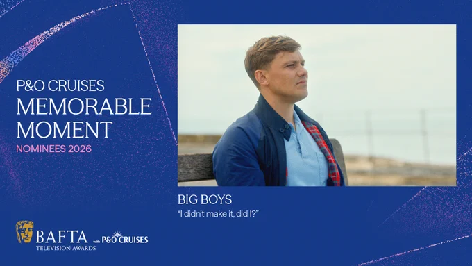 A blue graphic with pink particles that reads "P&O Cruises Memorable Moment, Nominees 2026" and outlines the nominee under an image from the moment on the right: Big Boys