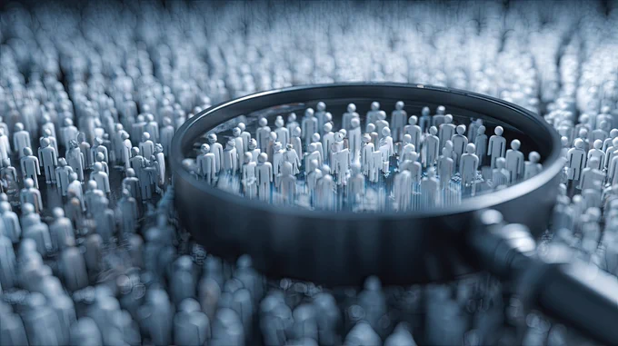 Image shows a crowd of abstract people with a subset cordoned off by a magnifying glass, representing the large group of Kiwis with Long Covid