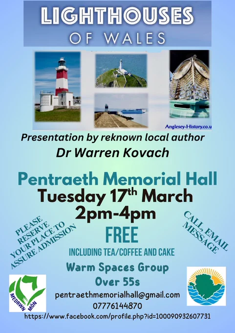 Poster about a talk by Warren Kovach on Lighthouses of Wales